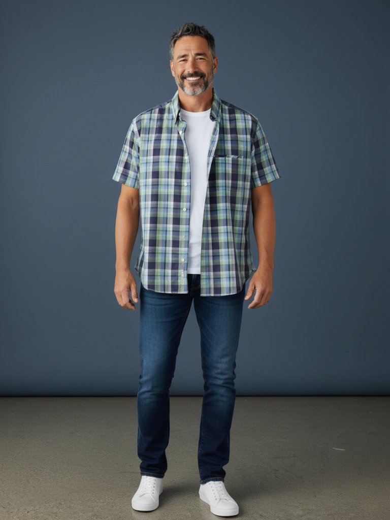 Tommy Hilfiger Blue And Green Plaid Short-Sleeve Button-Down Shirt